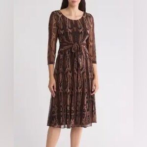 3 for $15 Connected Apparel Brown Snakeskin Long Sleeve Dress Tie Waist Workwear